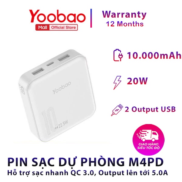 [CHÍNH HÃNG-BH 12 THÁNG] Pin sạc dự phòng Yoobao M4PD 10000mAh, sạc nhanh 20W, QC3.0