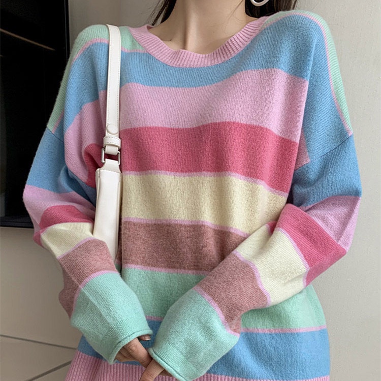 Áo Sweater Tay Dài Kẻ Sọc Ngang Phối Màu Tương Phản Trẻ Trung Hợp Thời Trang