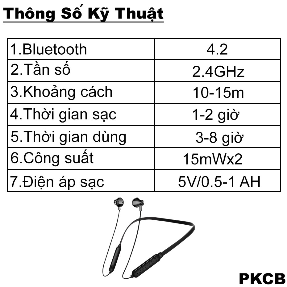 Tai Nghe Bluetooth Wireless PKCB07 Thể Thao Âm Thanh Chân Thực Sống Động Cao Cấp ĐEN Chính Hãng
