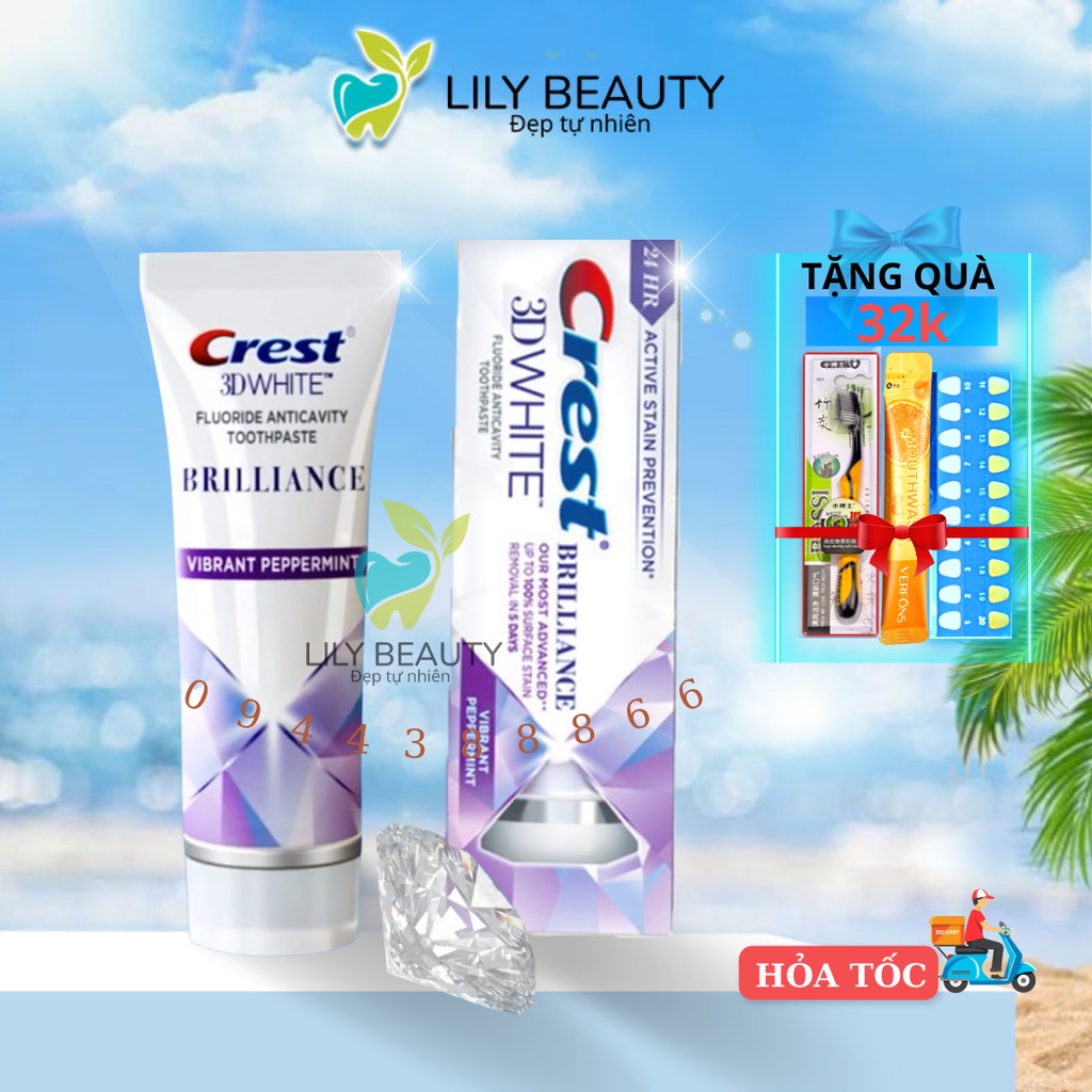 Kem đánh răng trắng răng Crest 3D White Brilliance - Đánh bay mảng bám,làm trắng răng bản nâng cấp 99g