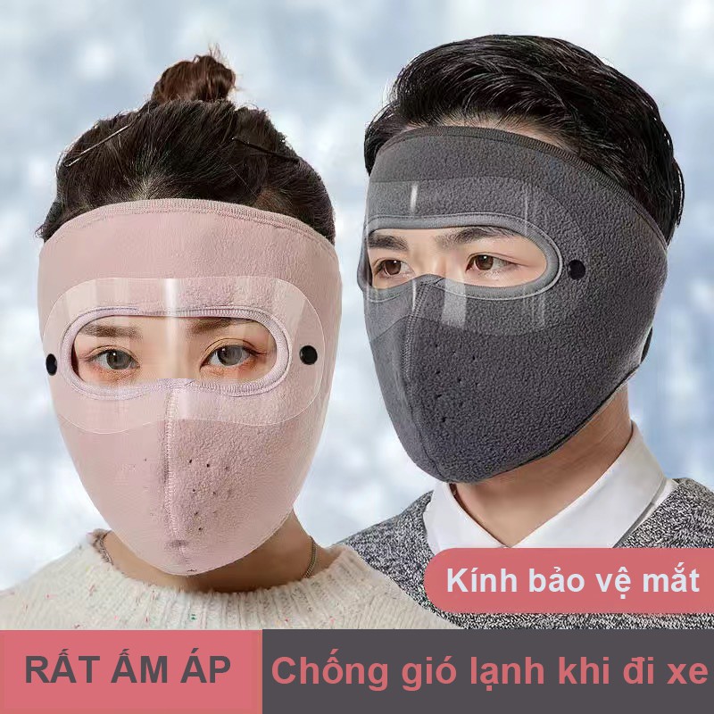 Khẩu trang vải có kính chắn gió, chống bọt dịch - Khẩu trang ninja vải nỉ có kính bảo vệ mắt 2in1 chống gió rét