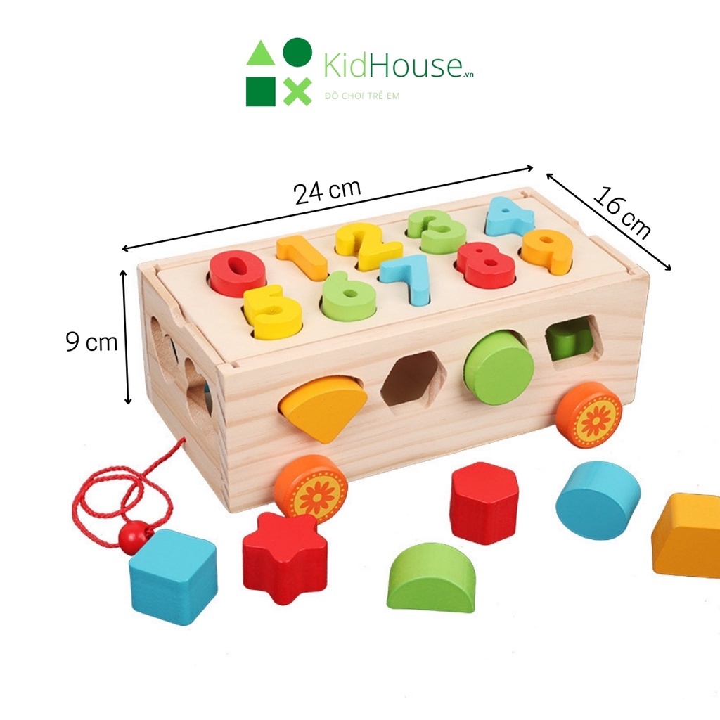 Đồ chơi gỗ thông minh montessori xe kéo thả hình khối chữ số cho bé phát triển trí tuệ Kidhouse.vn