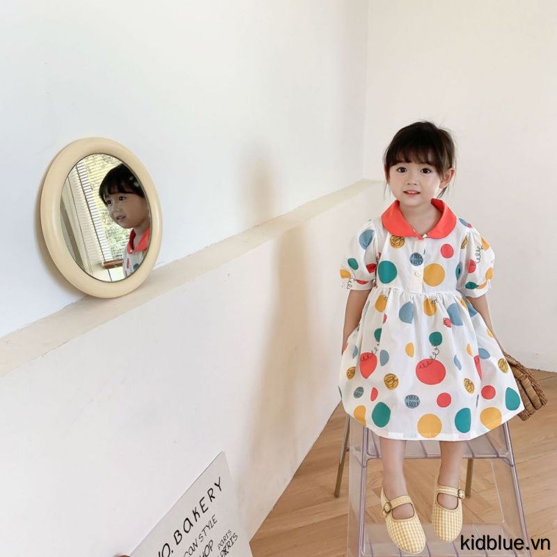 Đầm tay ngắn kiểu phồng dài ngang gối họa tiết chấm bi nhiều màu ngọt ngào cho bé gái