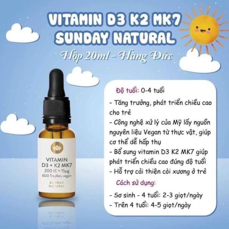 Vitamin D3 K2 MK7 Sunday Natural Đức 20ml hỗ trợ hấp thụ canxi cho trẻ sơ sinh