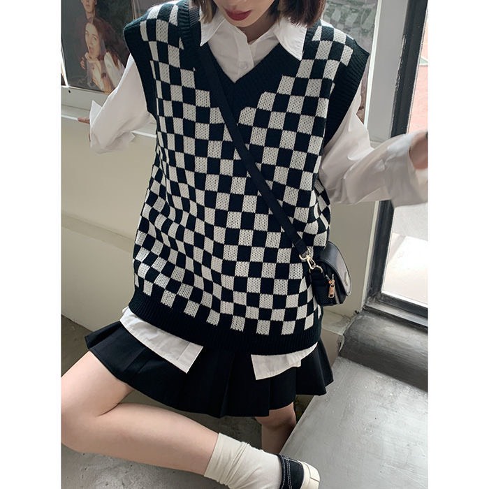 Áo len gile kẻ caro đen trắng unisex nam nữ cổ chữ v phong cách cá tính thời trang thu đông Hàn Quốc M32HD | BigBuy360 - bigbuy360.vn