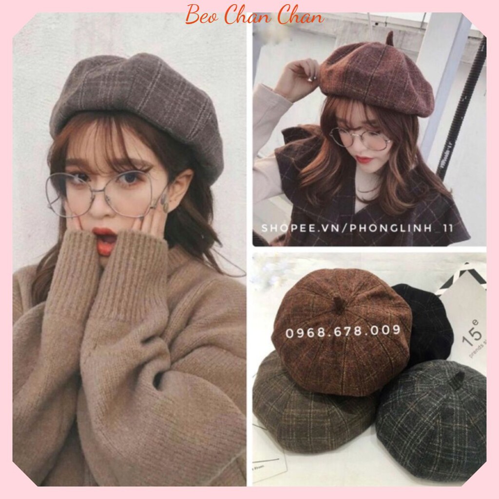 [ SẴN ]MŨ NỒI DẠ , NÓN NỒI DẠ NỮ NÓN BERET, MŨ BERET DẠ Caro loại 1 mũ ulzzang