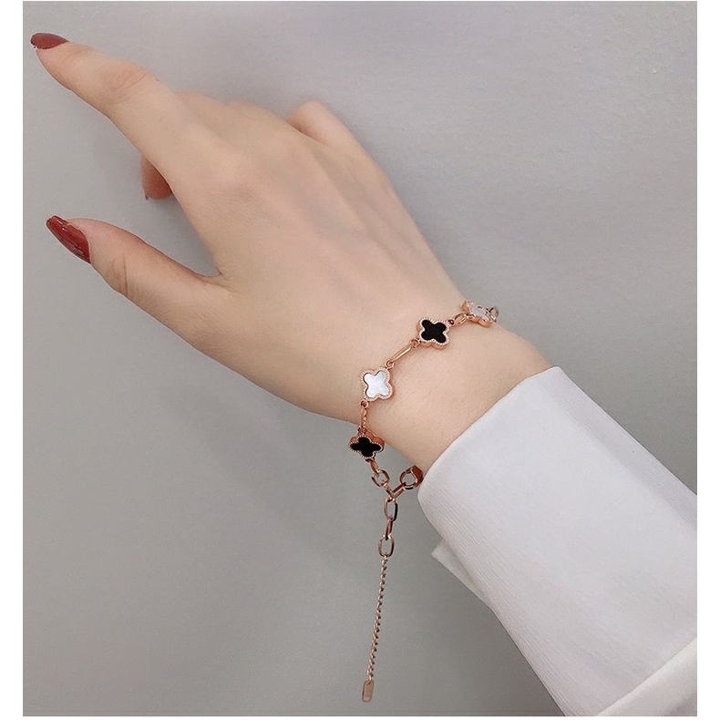 Vòng Tay Thép Titan Không Phai Màu Vàng Hình Cỏ Bốn Lá Đính Hạt Ngọc Trai Phong Cách Âu Mỹ Thời Trang Cho Nữ PX6K