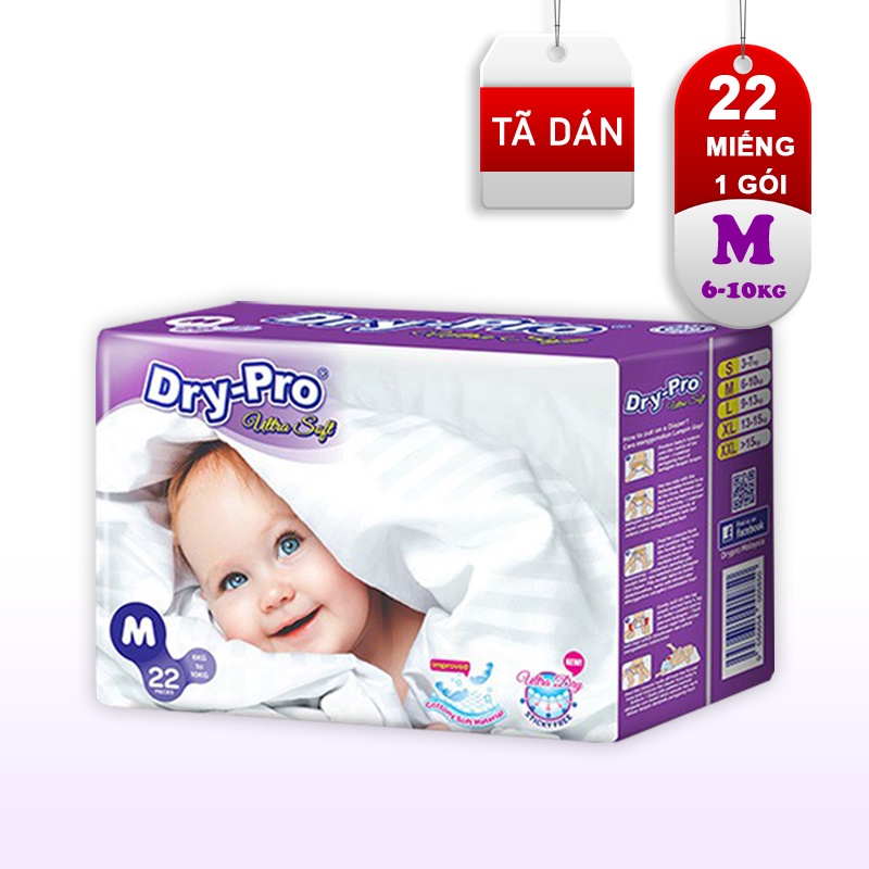 Tã bỉm dán Dry-Pro siêu mềm nhập khẩu Malaysia size M (6kg - 10kg) - Gói 22 miếng