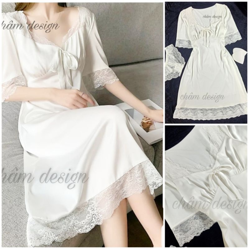 váy ngủ lụa satin trắng 2 lớp dáng dài tay lỡ pha ren trắng. Hàng sản xuất độc quyền tại shop.
