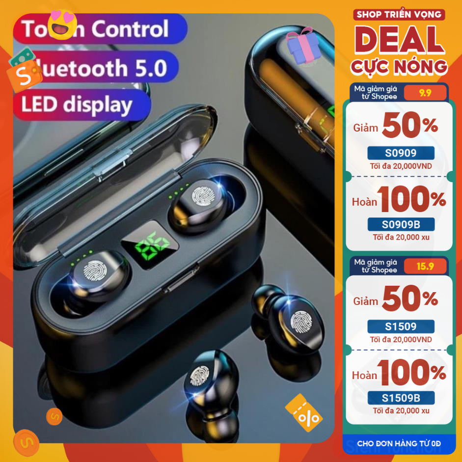 Tai nghe Bluetooth AMOI F9 TWS 5.0 bản QUỐC TẾ không dây cảm ứng chống nước IPX5, chống ồn pin 2500mAh