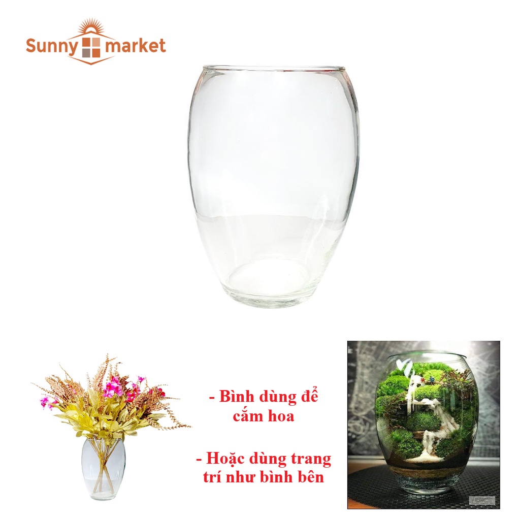 Bình bông lọ hoa thủy tinh trang trí hình bầu nhiều kích thước