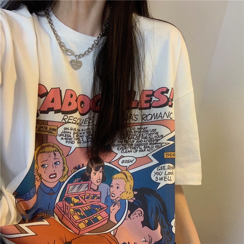 SUXI Áo Thun Tay Ngắn Cổ Tròn Form Rộng In Họa Tiết Nhân Vật Đơn Giản Thời Trang Mùa Hè Cho Nữ
