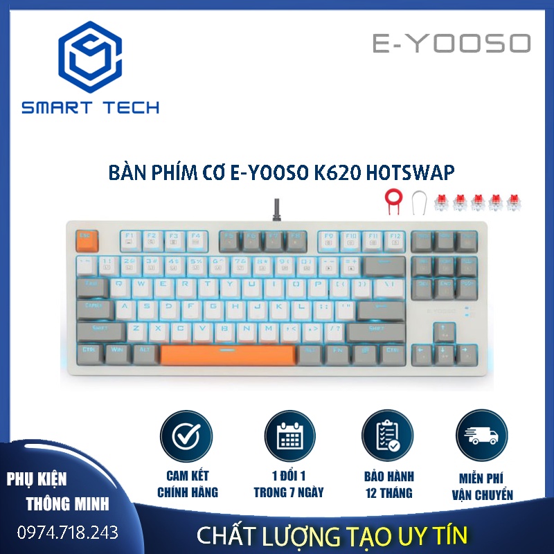 Bàn phím cơ E-YOOSO K620 có HOTSWAP ,LED màu xanh viền RGB keycap trắng xám