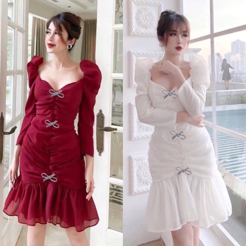 Đầm dự tiệc nhún thân cài tag nơ