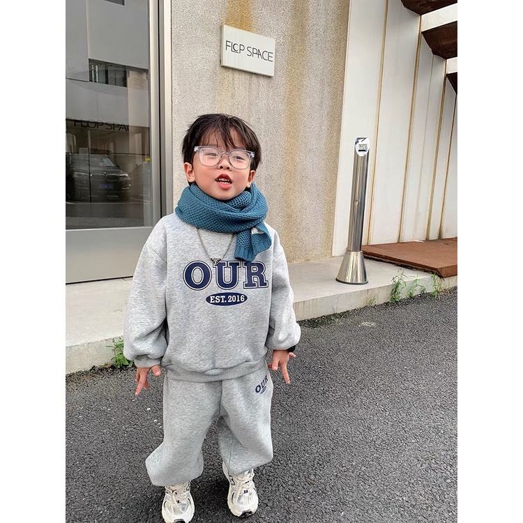 Bộ thu đông bé trai, bộ nỉ xốp hàn hình dập nổi OUR dáng Hàn Quốc cho bé
