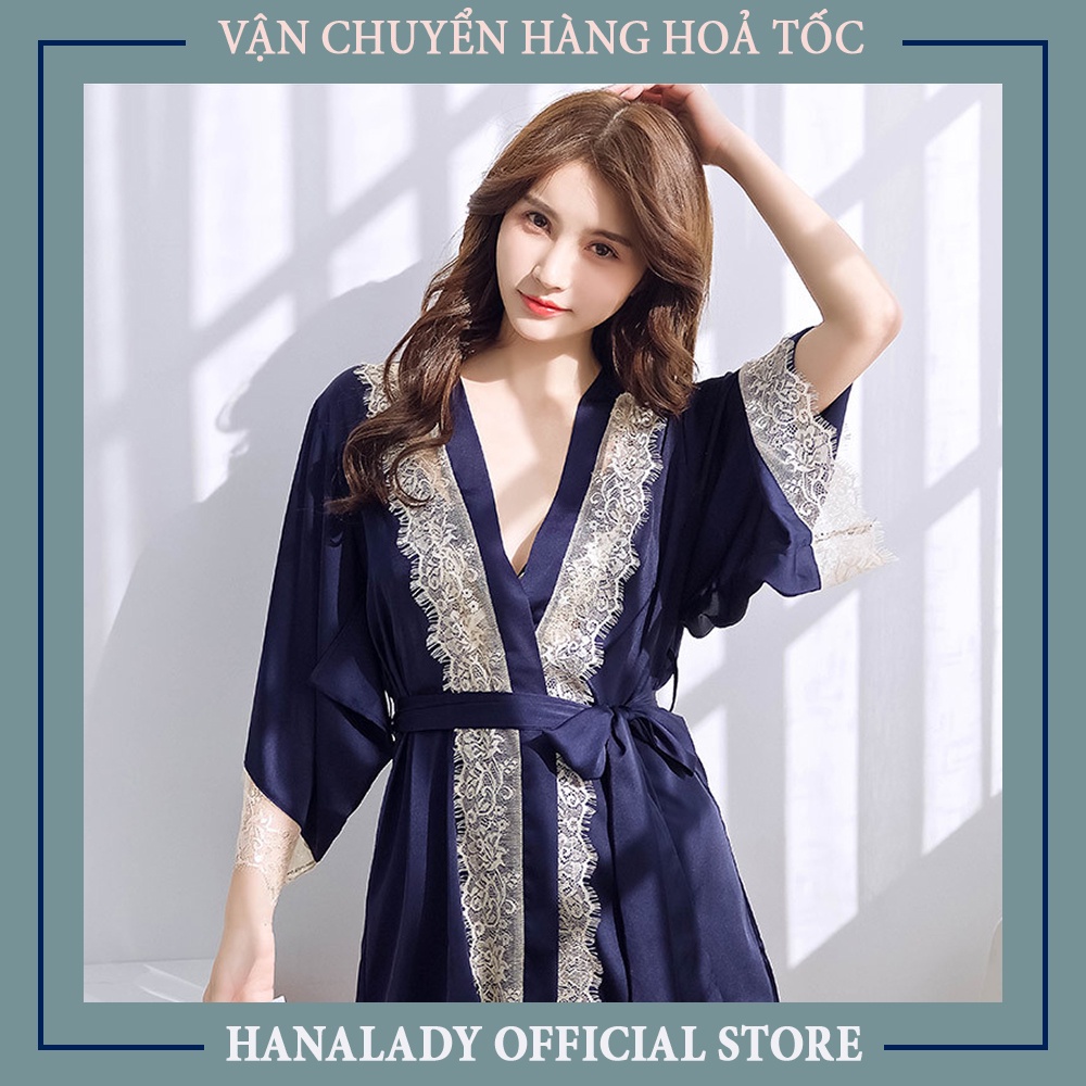 Bộ ngủ nữ áo choàng phối ren hoa cao cấp, đồ ngủ nữ áo choàng, bộ đồ áo choàng cao cấp V464