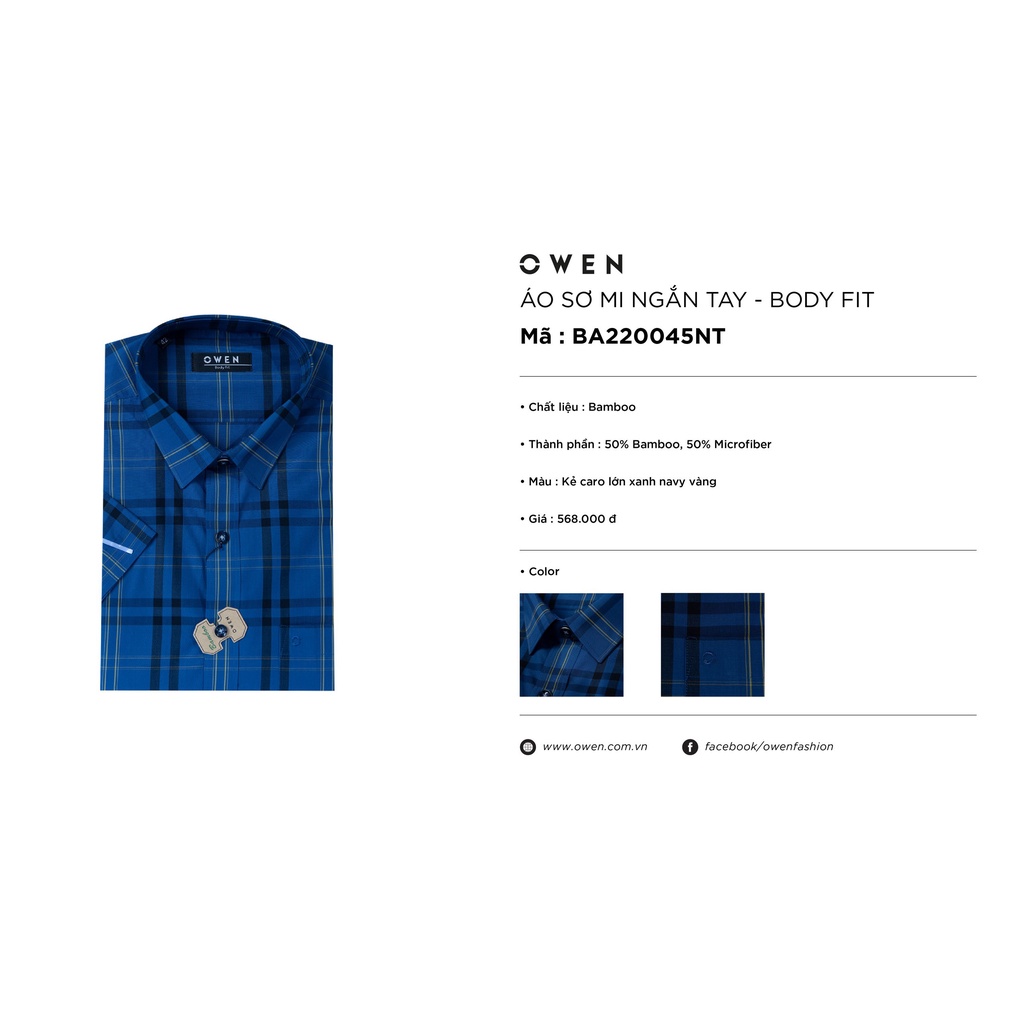 Áo Sơ Mi Nam Ngắn Tay OWEN BA220045NT Somi Công Sở Cao Cấp Màu Caro Xanh Navy Vàng Vải Sợi Tre Dáng Suông Tà Bằng Có Túi