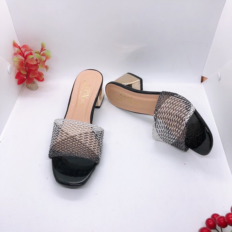 Guốc cao gót 5p màu đồng quai lưới đan