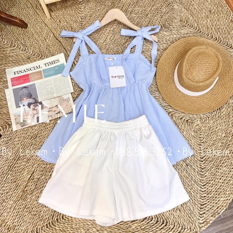 Set style Hàn Quốc S.047, Set áo babydoll hai dây thắt nơ kẻ xanh và quần short trắng cực xinh 🦋