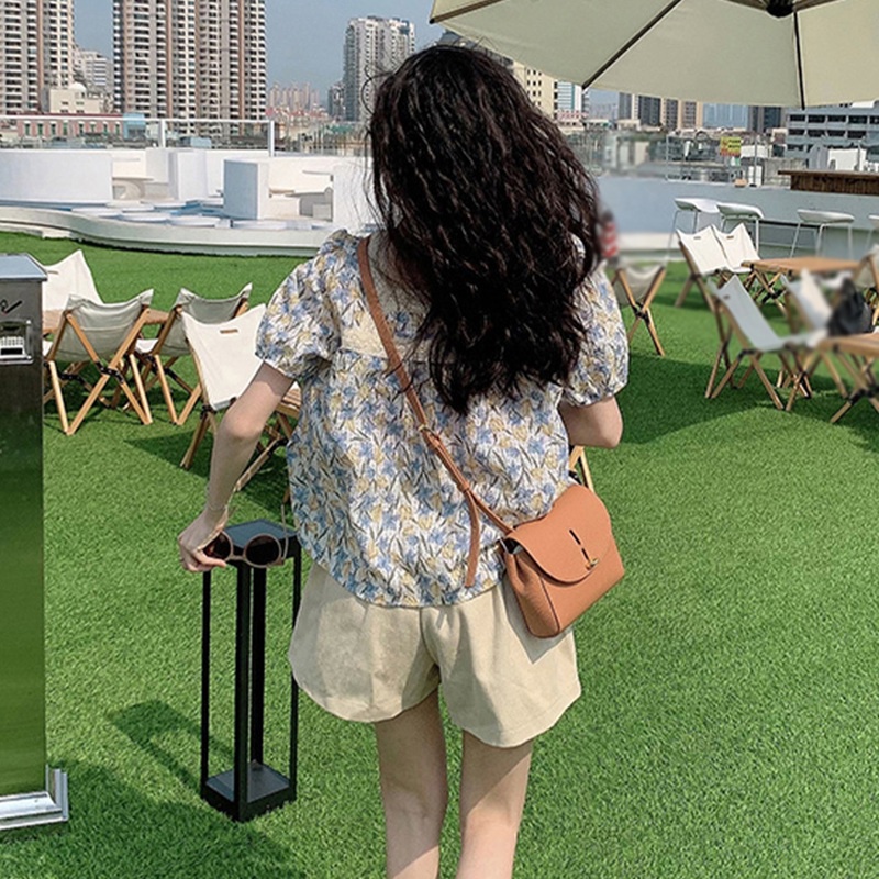 Áo Chiffon Tay Ngắn Cổ Vuông Phối Ren In Họa Tiết Hoa Phong Cách Hàn Quốc Thời Trang Cho Nữ