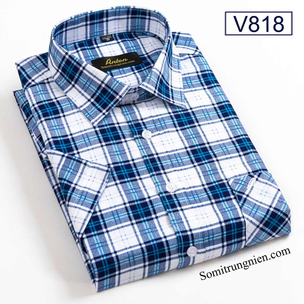 Áo Sơ Mi Nam Công Sở Trung Niên Thương Hiệu ANTON Ngắn Tay Kẻ Caro Xanh Cotton V818
