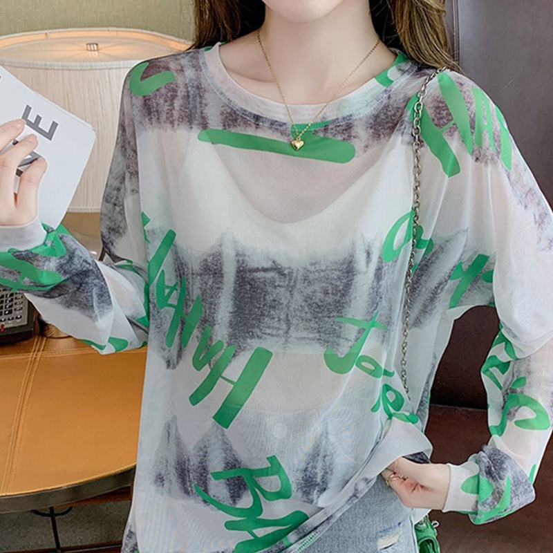 Áo Lưới Tay Dài In Chữ Màu Sắc Tương Phản Trọng Lượng Nhẹ Thoáng Khí Thời Trang Cho Nữ