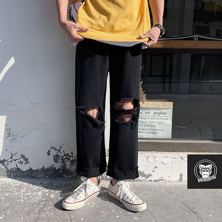Quần jean đen baggy nam nữ ống rộng rách gối màu đen mới 2021 | BigBuy360 - bigbuy360.vn