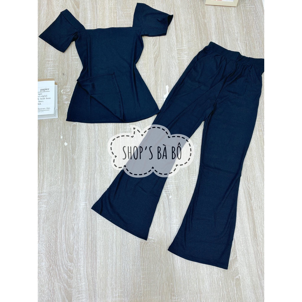 Bộ mặc nhà nữ, chất thun gân siêu mềm, áo cổ vuông, xẻ hai tà ,quần ống loe, có túi quần, siêu sang