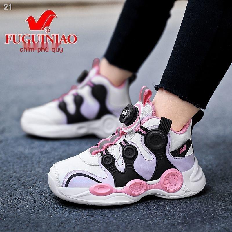 Giày nữ Rich Bird Nút bấm 2022 Bề mặt mùa xuân và thu Không thấm nước Khóa quay thể thao Núm trẻ em bóng rổ