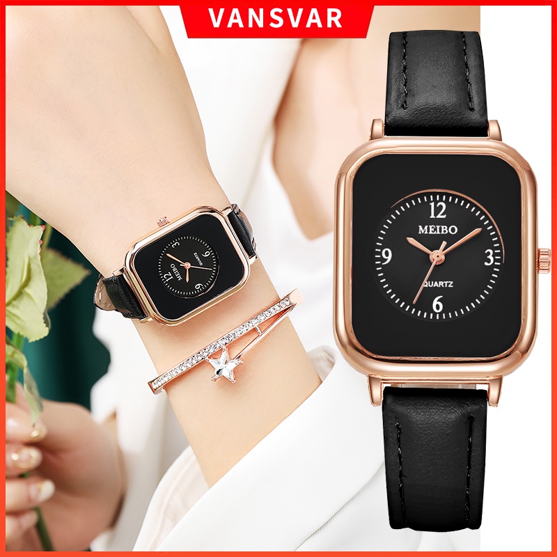 Bộ Đồng Hồ Đeo Tay Dây Da Mặt Chữ Nhật Thời Trang Dành Cho Nữ