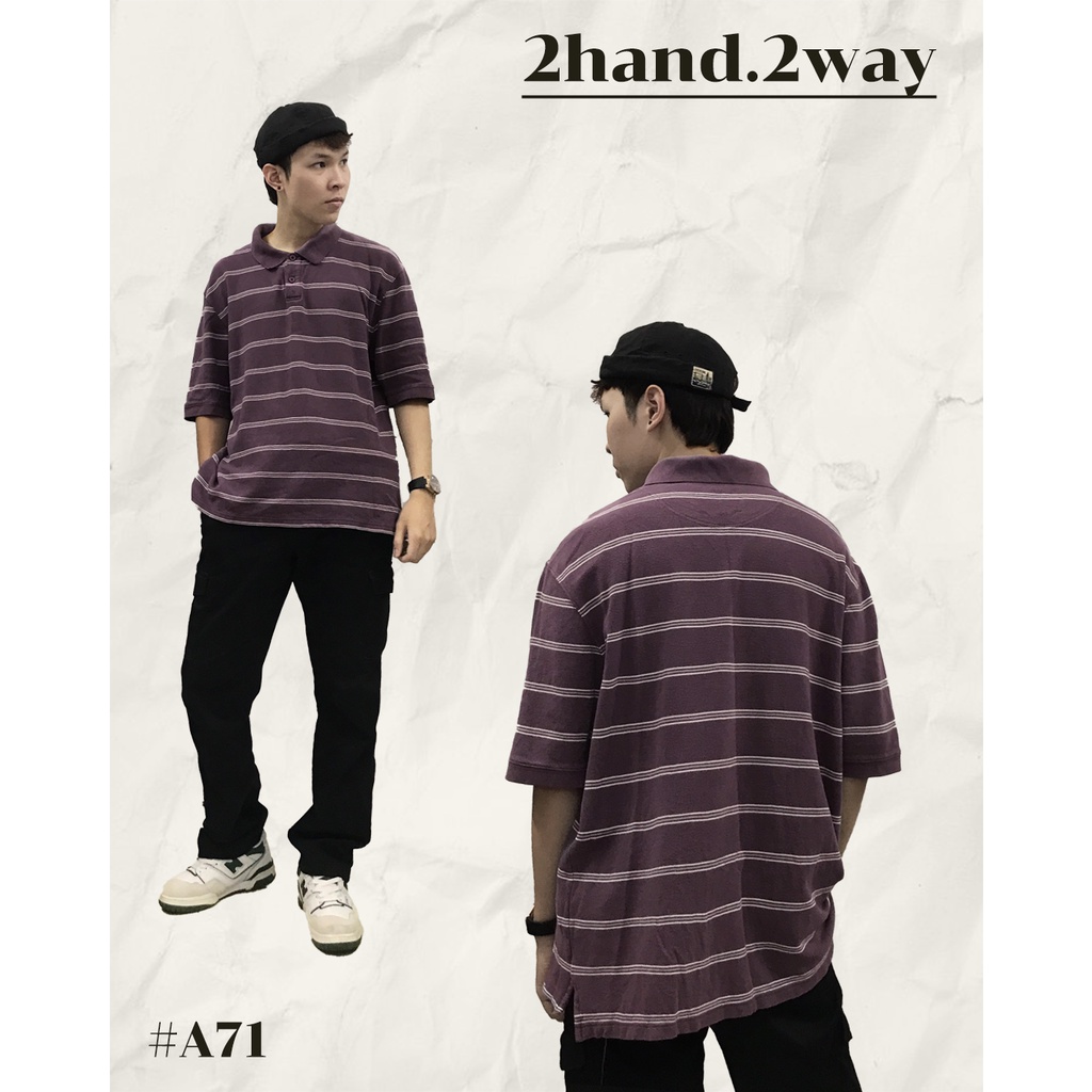 Áo Polo tím kẻ ngang unisex nam nữ form rộng 2hand.2way