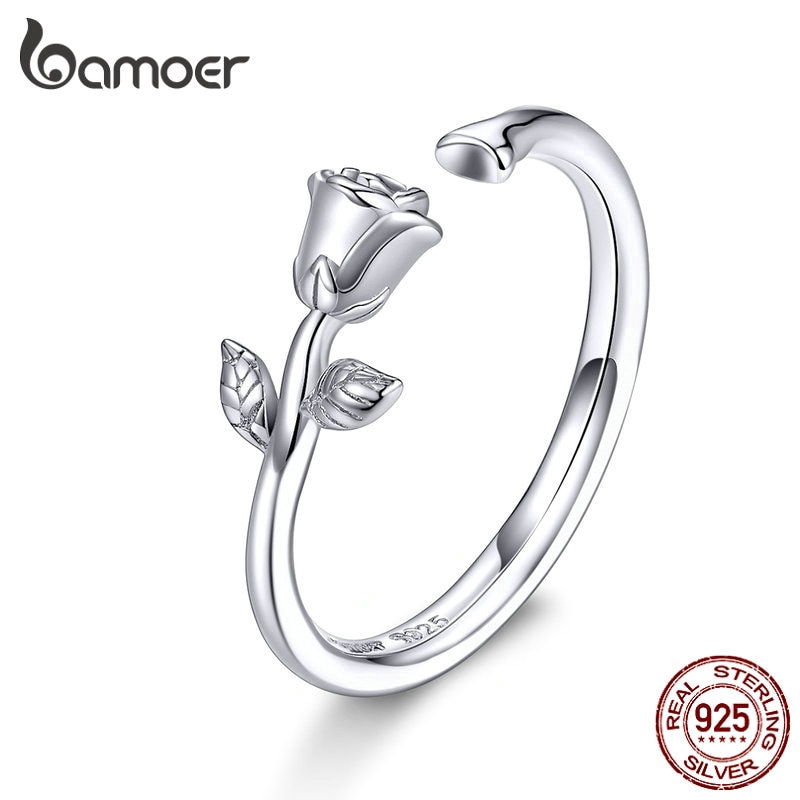 Nhẫn Bamoer BSR065 Kiểu Hở Bằng Bạc 925 Thiết Kế Hình Hoa Hồng 3d Đẹp Mắt