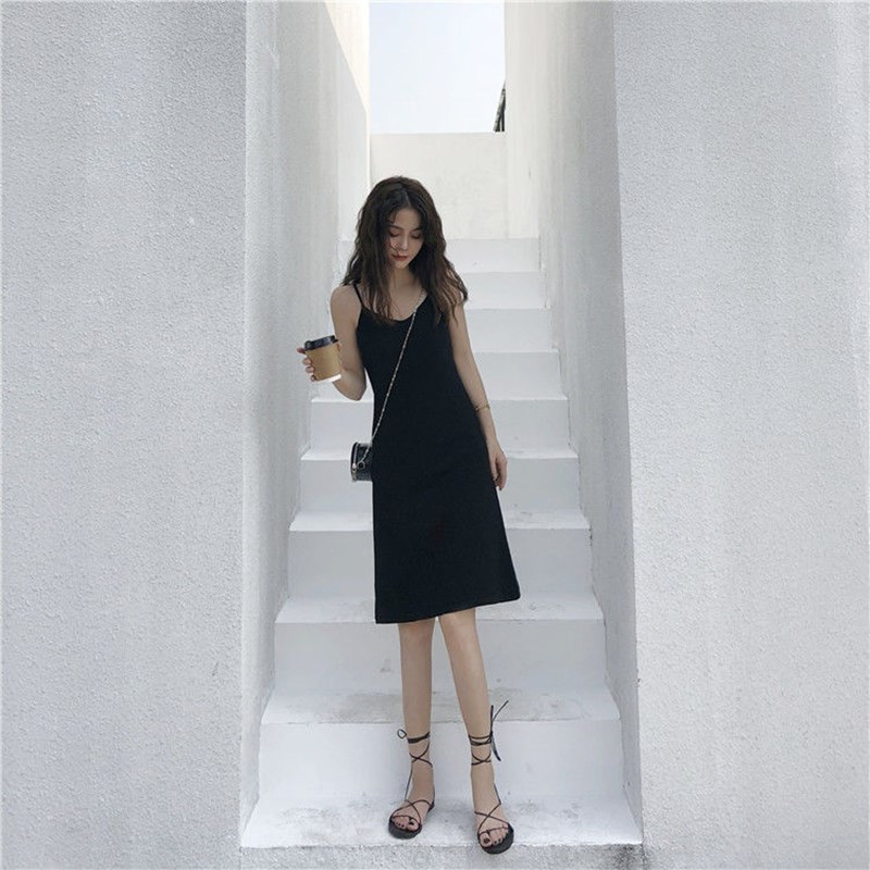 Đầm mini hai dây dáng ngắn/ dáng dài màu đen/ trắng phong cách mới quyến rũ thời trang mùa hè dành cho nữ