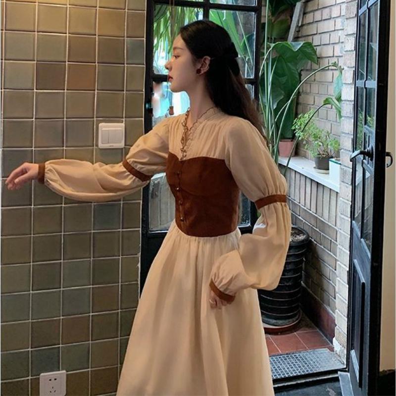 Đầm dài tay cổ V phong cách Pháp cổ điển thanh lịch nữ tính