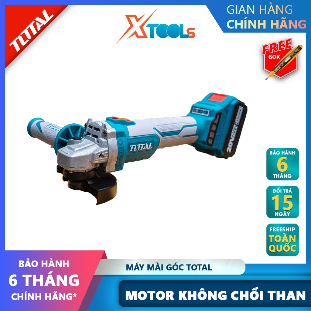 Máy mài góc KHÔNG CHỔI THAN TOTAL, điện thế 20V, đĩa cắt 100mm, cốt M10, kèm 2 pin 4.0AH và cục sạc - có bán lẻ thân máy