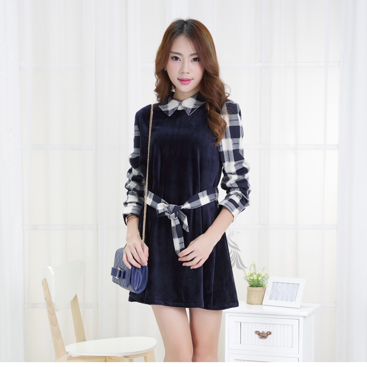 Đầm sơ mi nữ phối kẻ caro kèm dây thắt eo D23