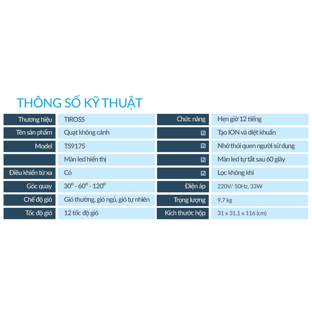 [Tiross-Việt Nam] ￼Quạt tháp không cánh lọc không khí Tiross TS9176 33W có đk, tạo ion âm, hẹn giờ, bảo hành 12 tháng