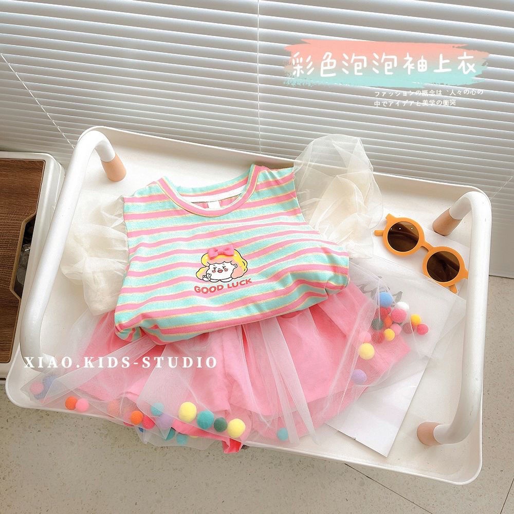 Set Áo Thun Tay Ngắn Phối Lưới Kẻ Sọc Màu Hồng Dễ Thương Thời Trang Hè 2023 Phong Cách Hàn Quốc Cho Bé Gái