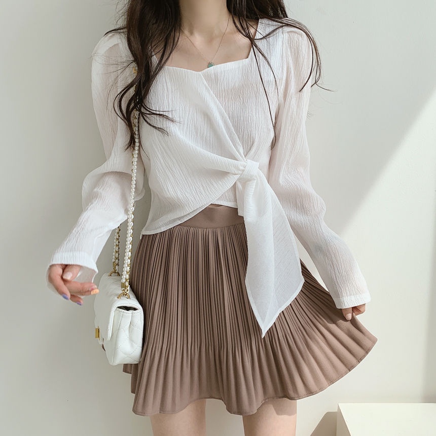 Áo Sơ Mi Tay Dài Cổ Vuông Form Rộng Thiết Kế Độc Đáo Phong Cách Retro Hàn Quốc