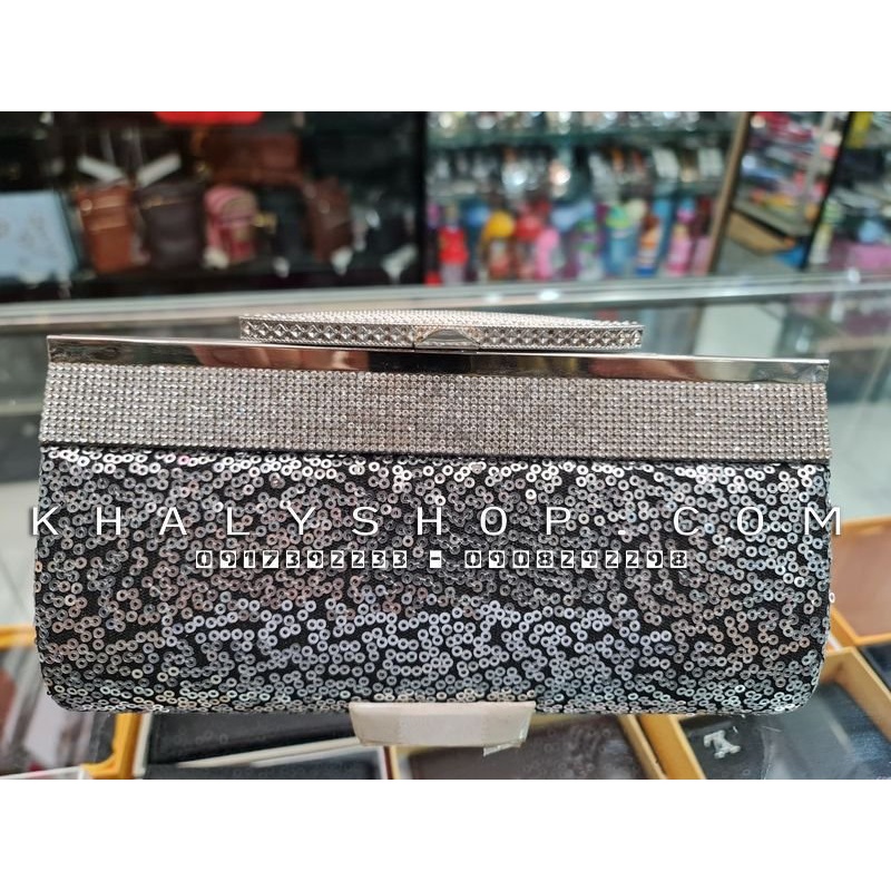 Bóp đầm clutch dạ hội dự tiệc sang trọng đeo chéo xách tay màu đen kim sa đính nhiều hột lấp lánh