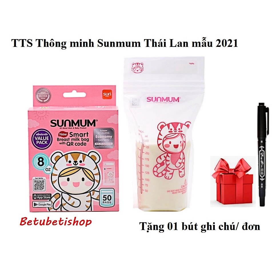 (Tặng kèm 01 bút dấu) Túi trữ sữa Sunmum Thái Lan Mẫu mới 250ml màu hồng có Qrcode 2021