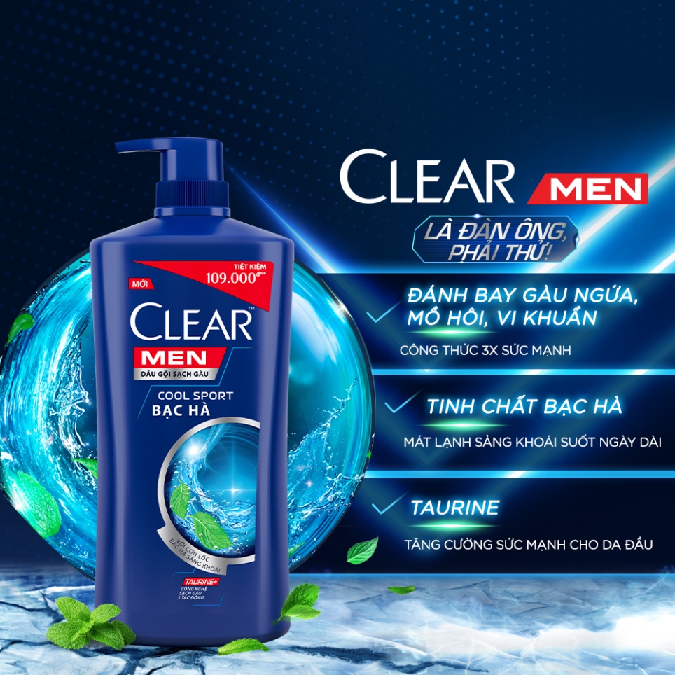 Dầu Gội Đầu cho nam Clear Men đánh bay gàu, ngứa và vi khuẩn mát lạnh cực đỉnh suốt ngày dài 900g