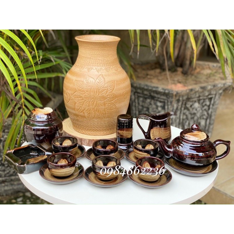 Bộ ấm chén HOA TRONG LÒNG CHÉN men nâu quết Bát Tràng - Bộ trà Bát Tràng