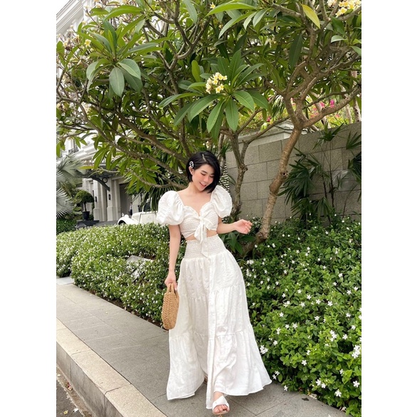 Set áo croptop chạy thun smoking + Chân váy maxi