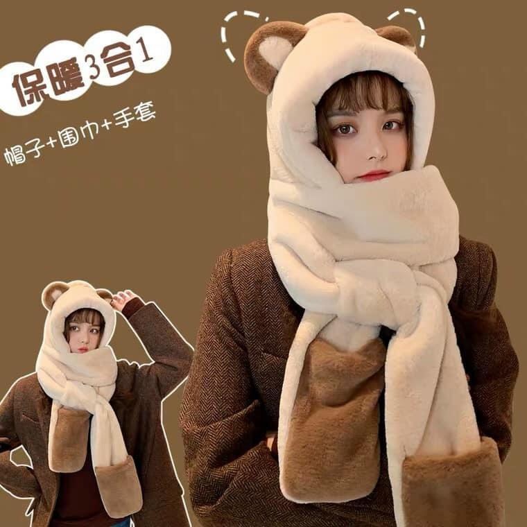 S91228  Mũ gấu liền khăn và găng tay giữ ấm nữ cao cấp mùa đông hàng nhập
