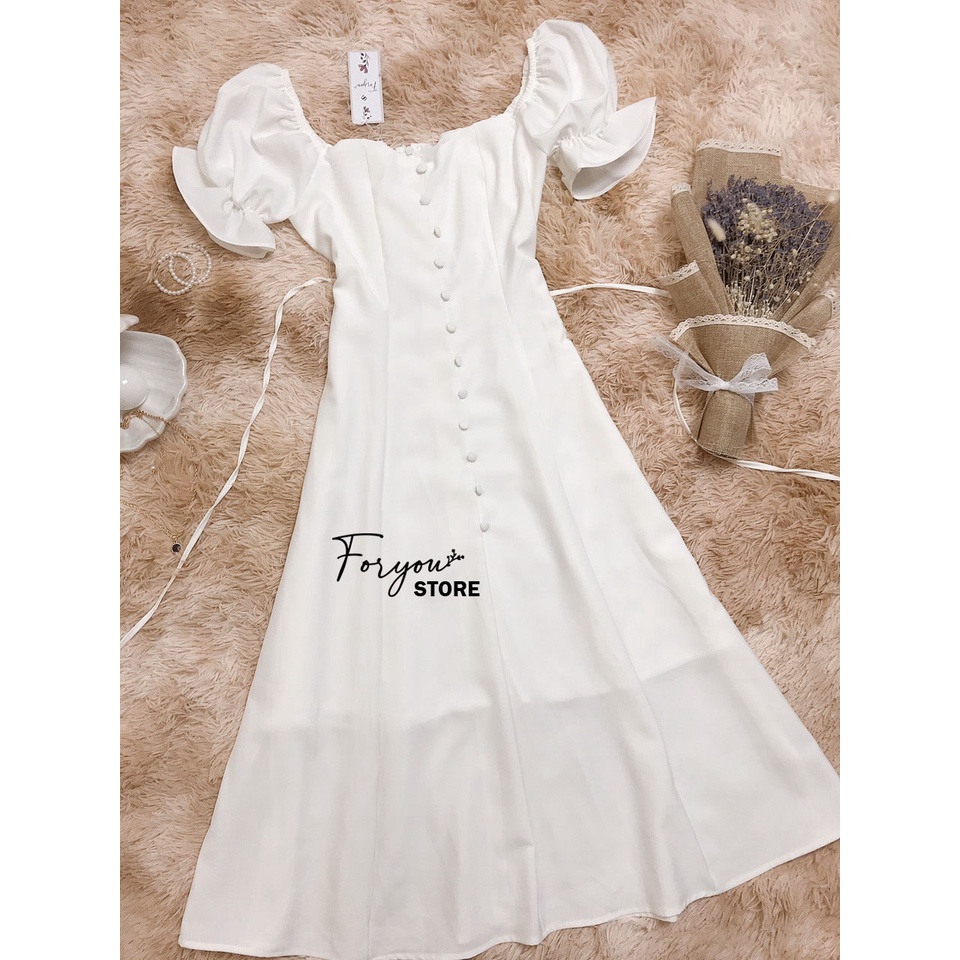 Jami Dress - Váy đầm trắng dáng dài FORYOU tay bồng đính cúc dọc, váy thiết kế xòe thanh lịch | BigBuy360 - bigbuy360.vn