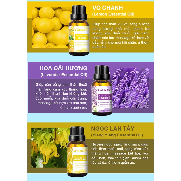 Combo 3 Chai Tinh Dầu Thiên Nhiên Nguyên Chất Oilmart 15ml