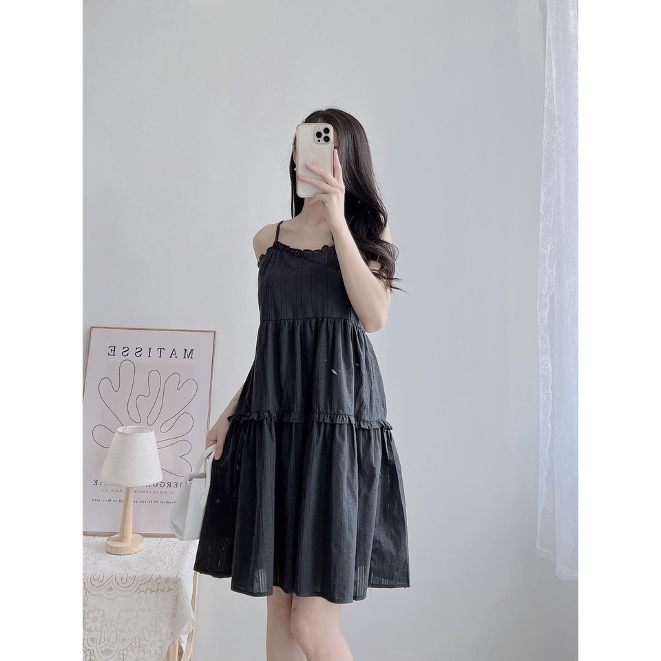 Đầm dây nữ vải dệt in nổi Kiểu babydoll Dáng xòe