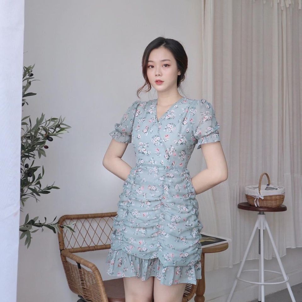 ĐẦM DỰ TIỆC HOA NHÍ XANH TAY NGẮN CỔ ĐẮP CHÉO NHÚN THÂN ÔM BODY PHỐI ĐUÔI CÁ-hình thật shop chụp-MINHI