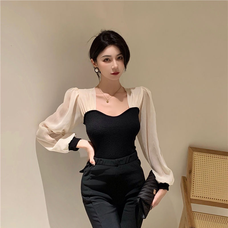 Áo Dệt Kim Tay Dài Cổ Vuông Họa Tiết Chấm Bi Thời Trang Cho Nữ